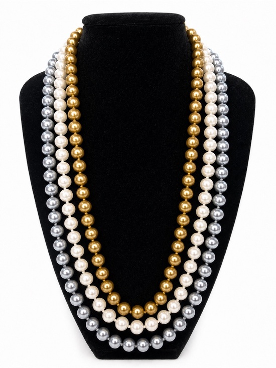 OKJL Jewelry - Multi Strand Faux Pearl Statement Necklace Gold Silver Ivory Rhinestone Clasp